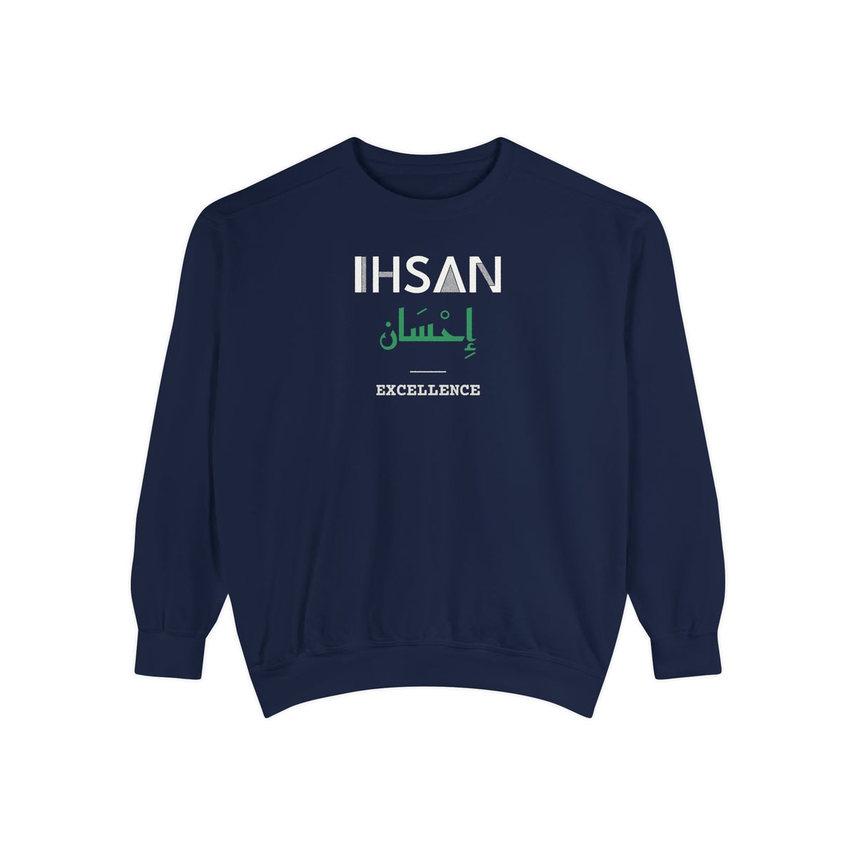 Ihsan Dual Language with English Meaning Islamic Premium Sweatshirt in True Navy – AdabStars