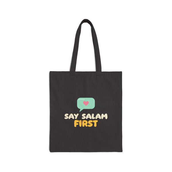 Say Salam First Canvas Tote Bag in Black, one-sided print – AdabStars