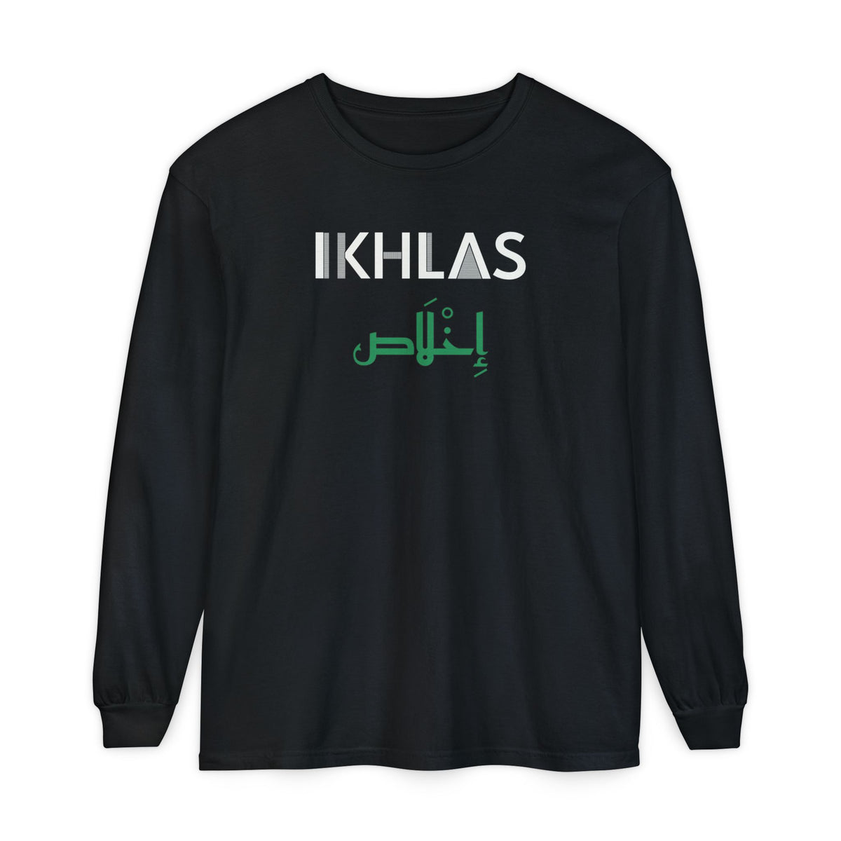 Ikhlas Dual Language Islamic Heavyweight Long Sleeve Shirt in Black – AdabStars