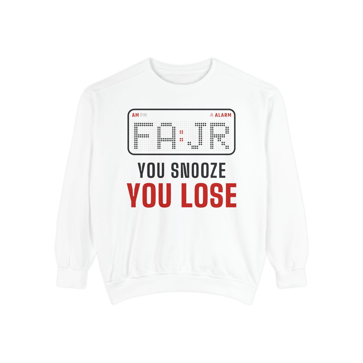 Fajr You Snooze You Lose Islamic Premium Sweatshirt in White, front and back print – AdabStars
