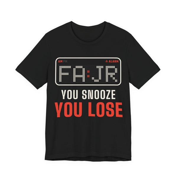 Fajr You Snooze You Lose Islamic Unisex T-Shirt in Black, front and back print – AdabStars