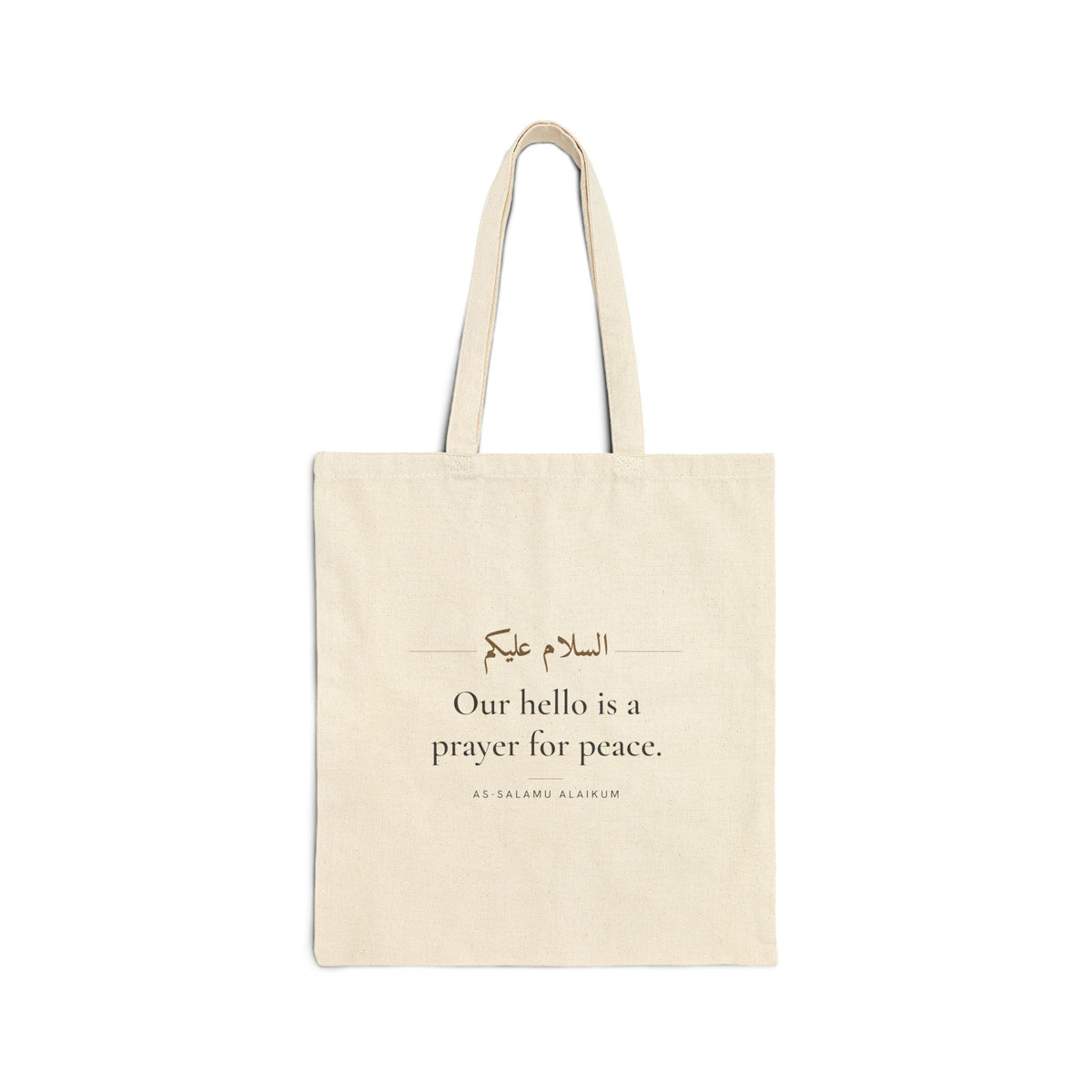 Our hello is a prayer for peace Islamic Canvas Tote Bag in Natural, double-sided print – AdabStars
