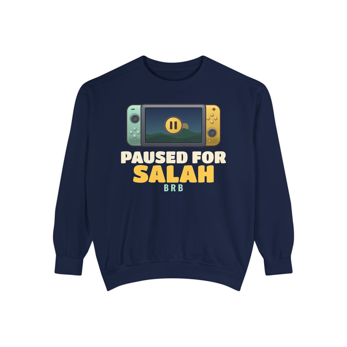 Paused for Salah Handheld Islamic Premium Sweatshirt in True Navy – AdabStars