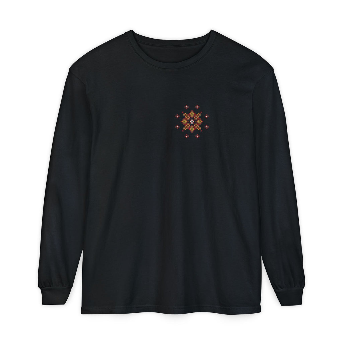 Tatreez Chest Star and Back Panel Islamic Heavyweight Long Sleeve Shirt in Black, front and back print – AdabStars