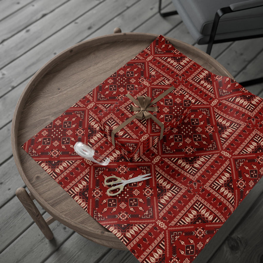Red Tatreez Palestinian Style Gift Wrapping Paper – Traditional Embroidery Pattern for Eid, Ramadan & Special Occasions