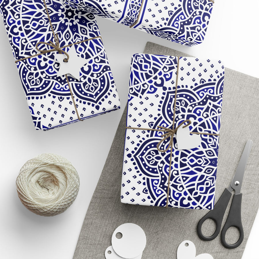 Islamic Mandala Gift Wrapping Paper – Elegant Blue & White Arabesque Design for Eid, Ramadan & Special Occasions