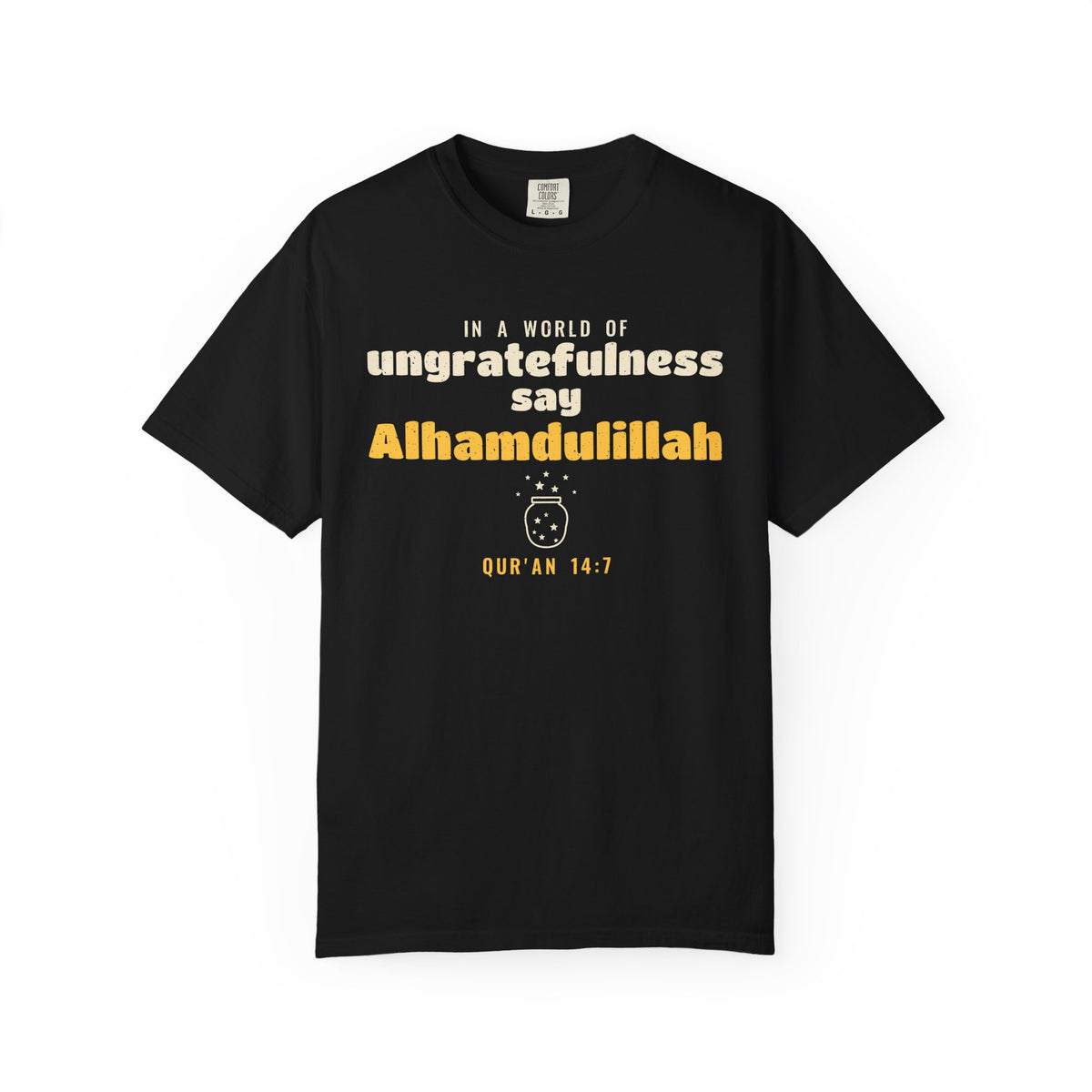 Say Alhamdulillah Heavyweight Tee, Front Print | Surah Ibrahim Qur'an 14:7 Islamic Reminder | AdabStars