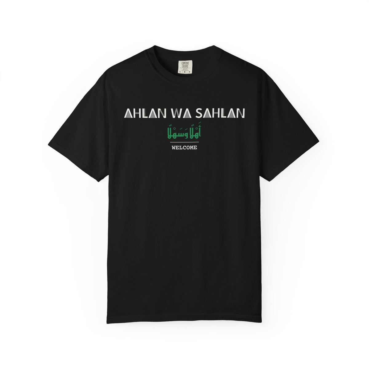 Ahlan wa Sahlan Dual Language with English Meaning Islamic Heavyweight T-Shirt in Black – AdabStars