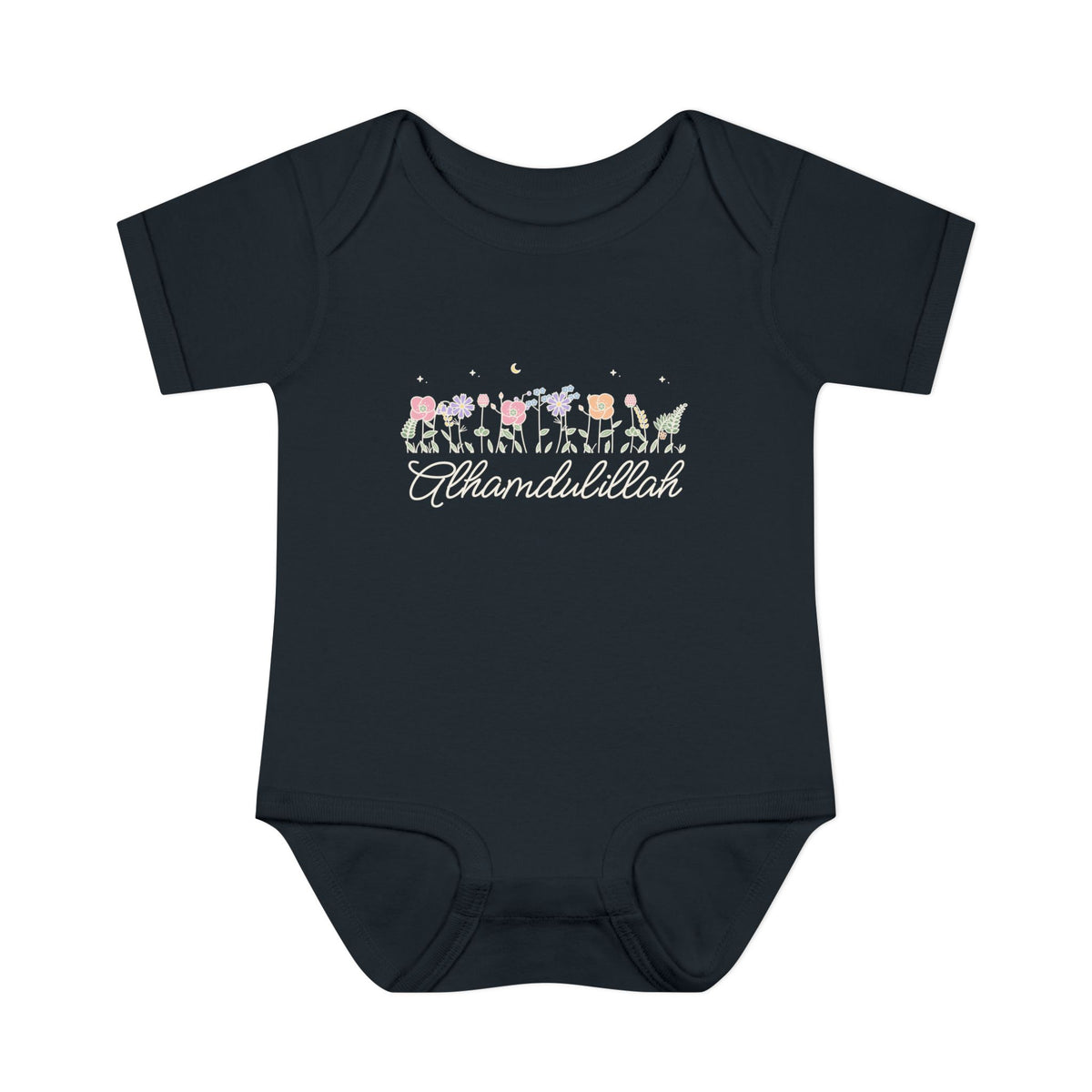 Alhamdulillah Meadow Flowers Islamic Baby Bodysuit in Black – AdabStars