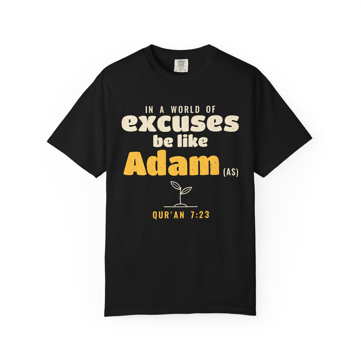 Be Like Adam (AS) Heavyweight Tee | Prophet Adam Repentance Story, Qur'an 7:23 · 2:37 on the Back | AdabStars