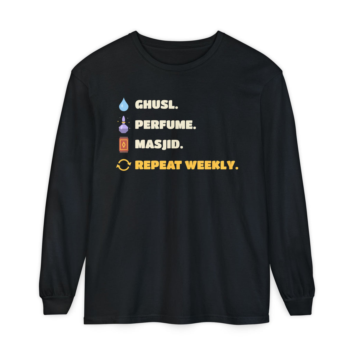 Ghusl Perfume Masjid Repeat Islamic Heavyweight Long Sleeve Shirt in Black – AdabStars
