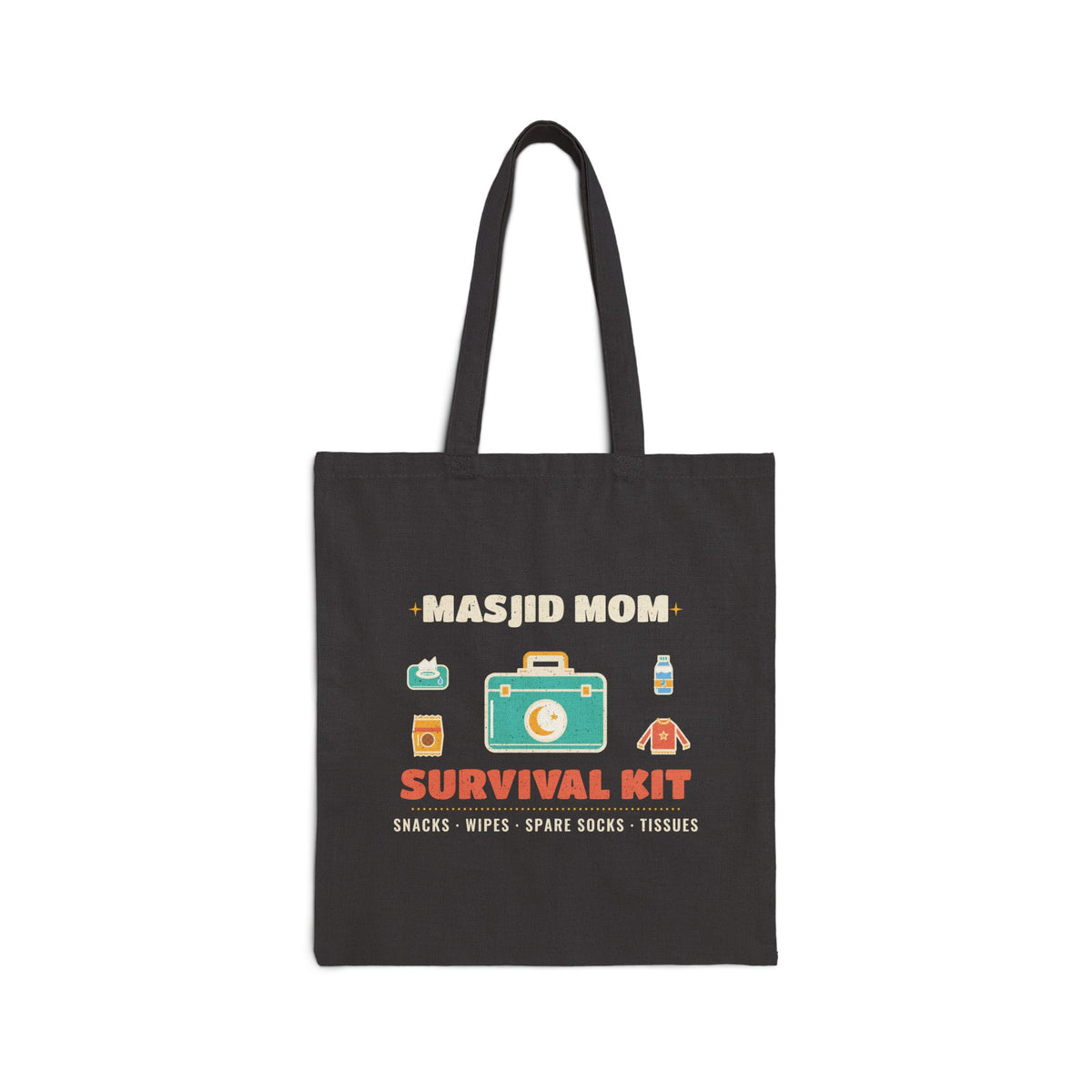 Masjid Mom Survival Kit Canvas Tote Bag in Black, one-sided print – AdabStars