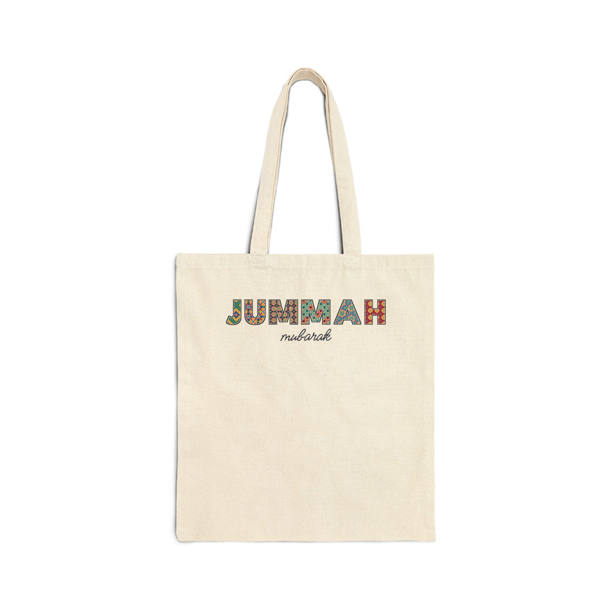 Jummah Mubarak Patterned Letters Islamic Canvas Tote Bag in Natural, double-sided print – AdabStars