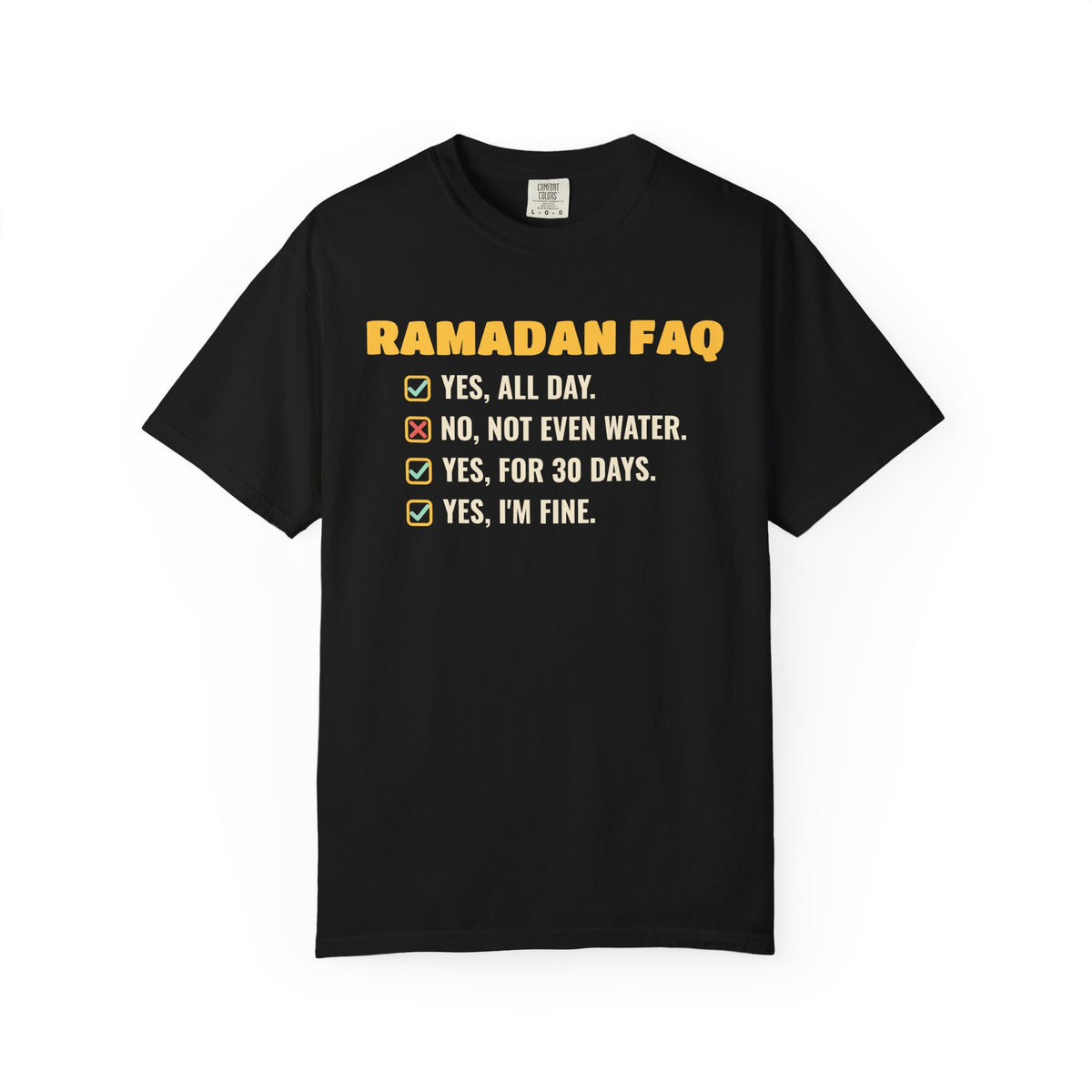 Ramadan FAQ Heavyweight Tee | Funny Fasting Answers Muslim Coworker Questions | AdabStars Islamic Apparel
