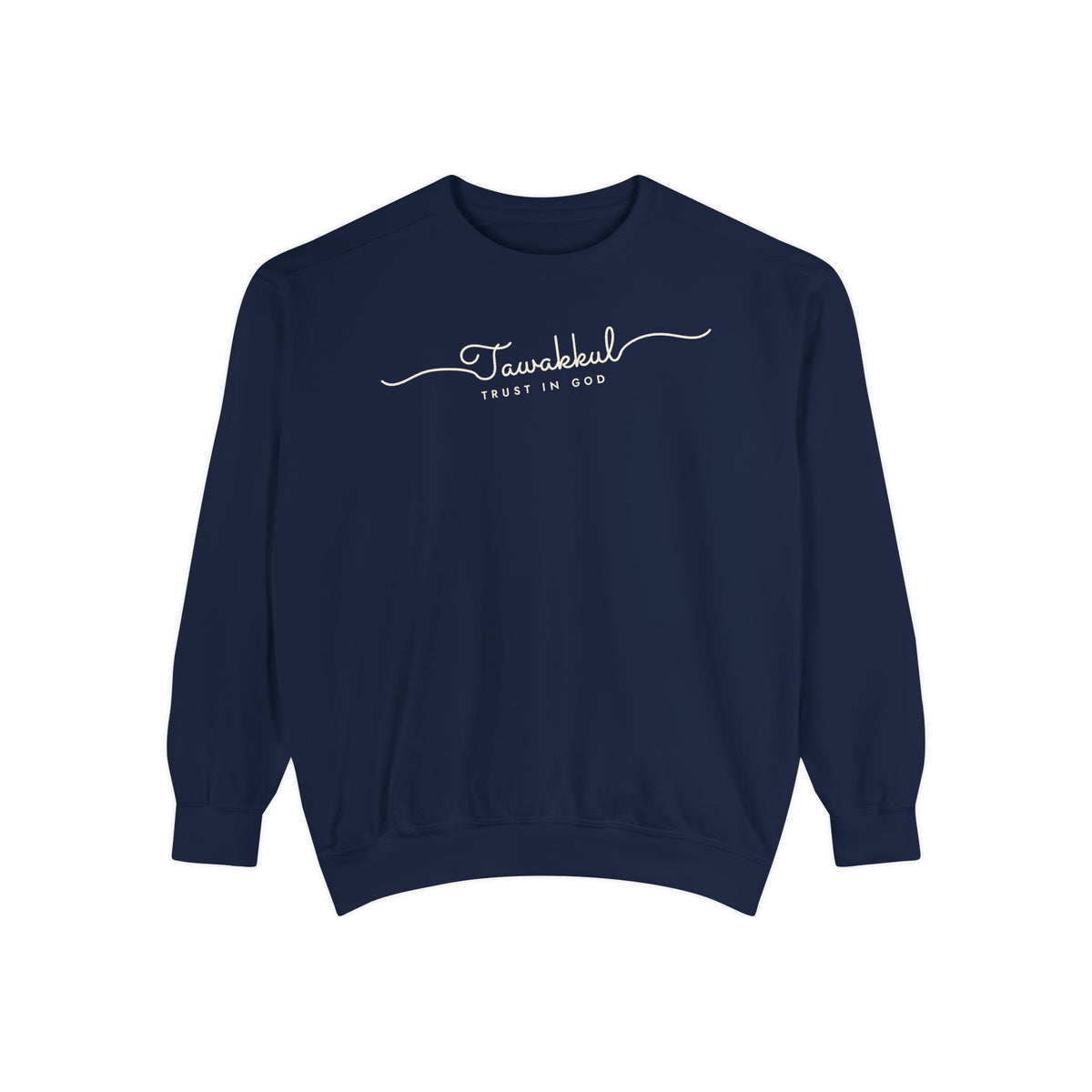 Tawakkul Fine Line Script Islamic Premium Sweatshirt in True Navy – AdabStars