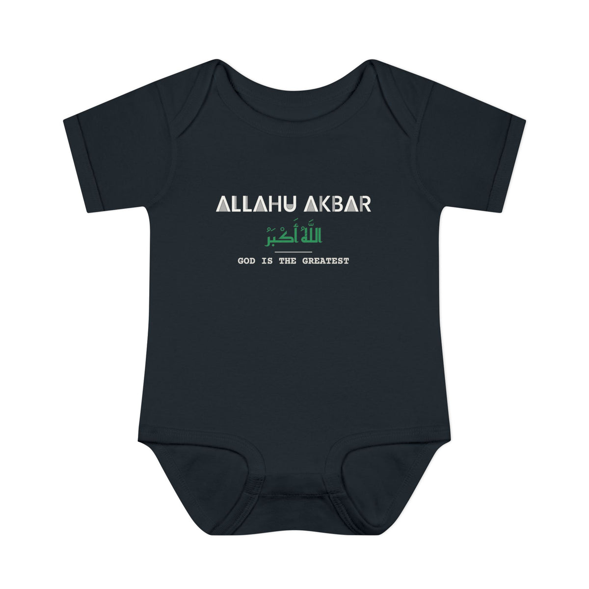 Allahu Akbar Dual Language with English Meaning Islamic Baby Bodysuit in Black – AdabStars