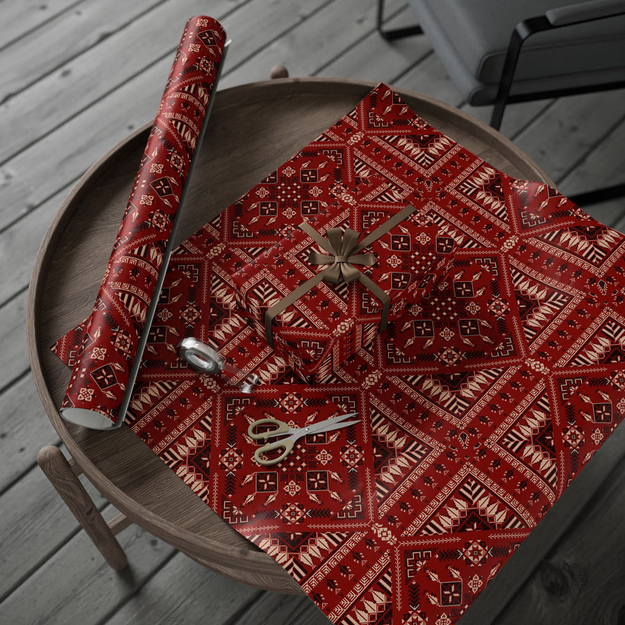 Red Tatreez Palestinian Style Gift Wrapping Paper – Traditional Embroidery Pattern for Eid, Ramadan & Special Occasions