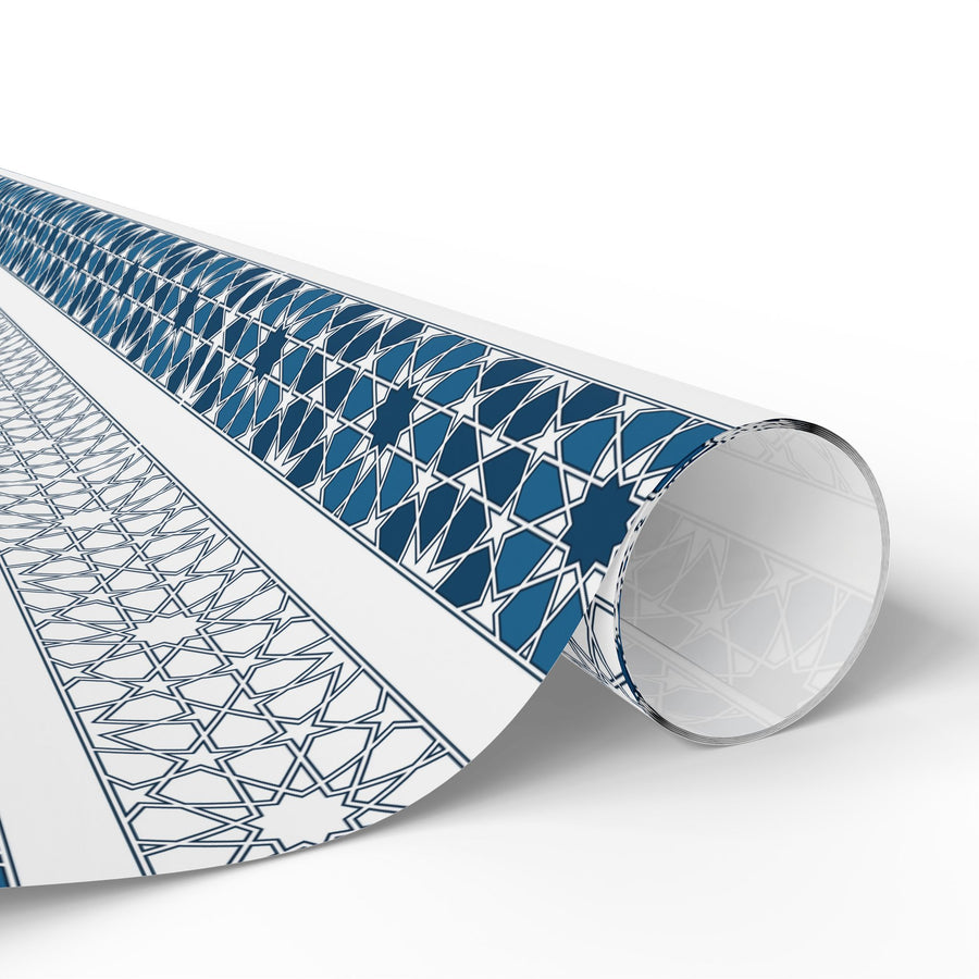 Islamic Geometric Border Wrapping Paper – Blue & White Arabesque Tile Pattern for Eid, Ramadan, & Special Occasions
