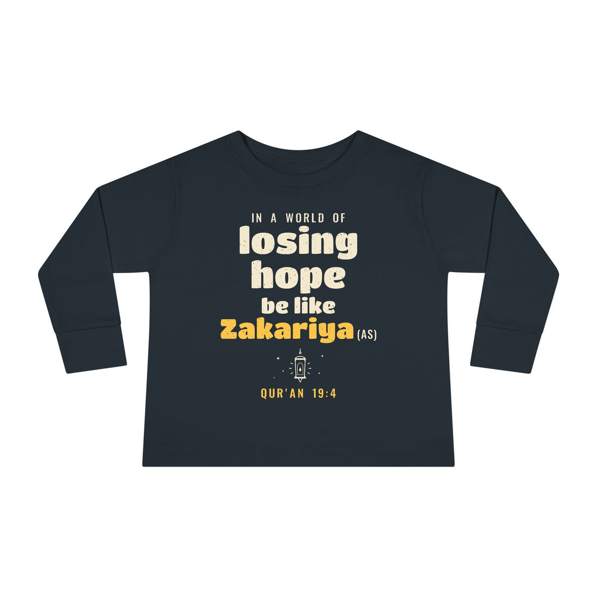 Be Like Zakariya (AS) Toddler Toddler Long Sleeve Shirt in Black, front and back print – AdabStars
