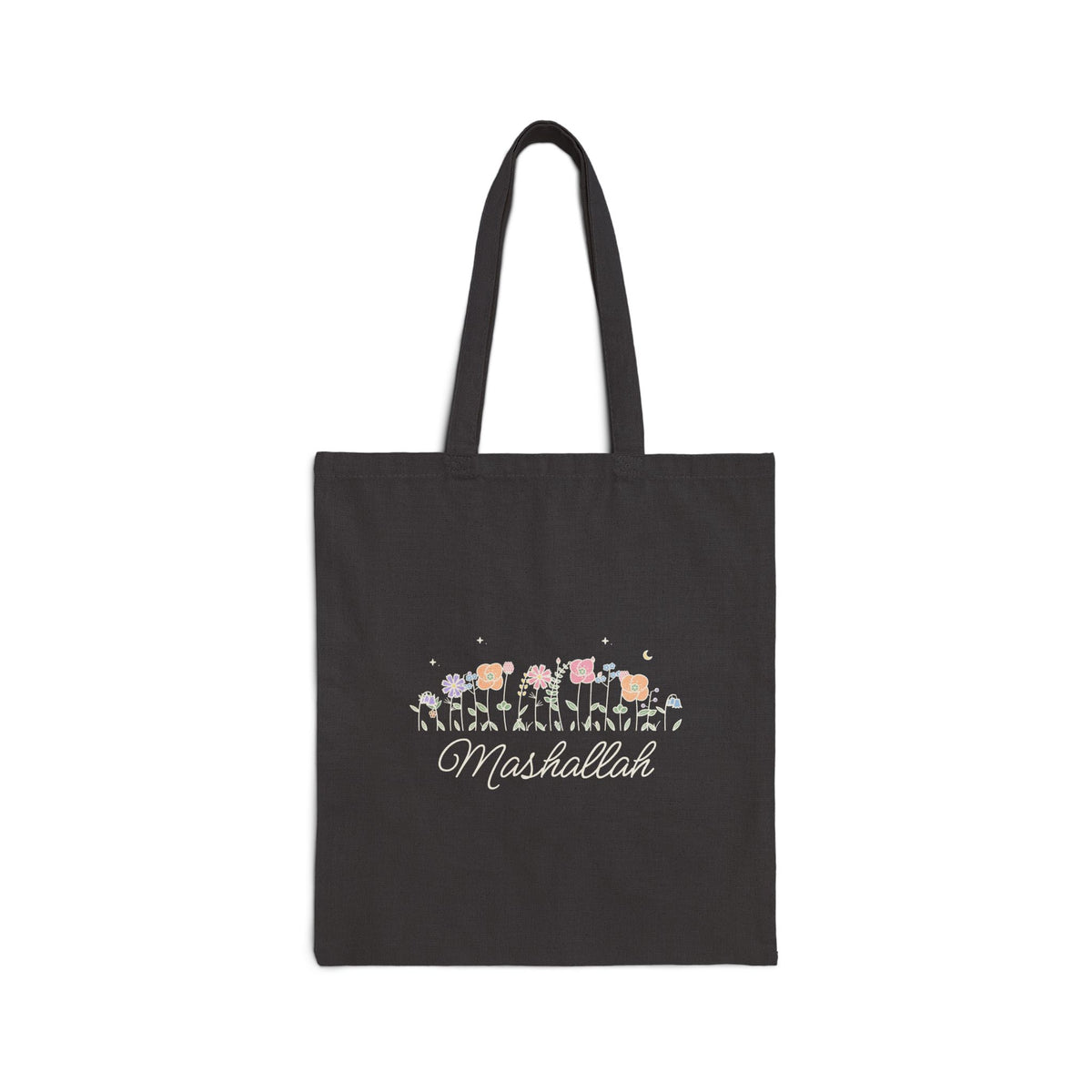 Mashallah Meadow Flowers Islamic Canvas Tote Bag in Black, one-sided print – AdabStars