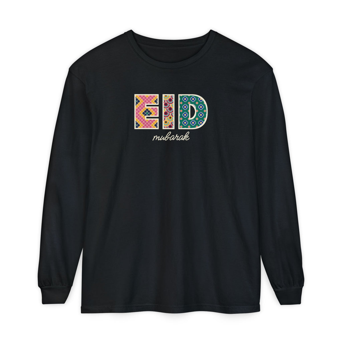 Eid Mubarak Patterned Letters Heavyweight Long Sleeve Shirt in Black – AdabStars