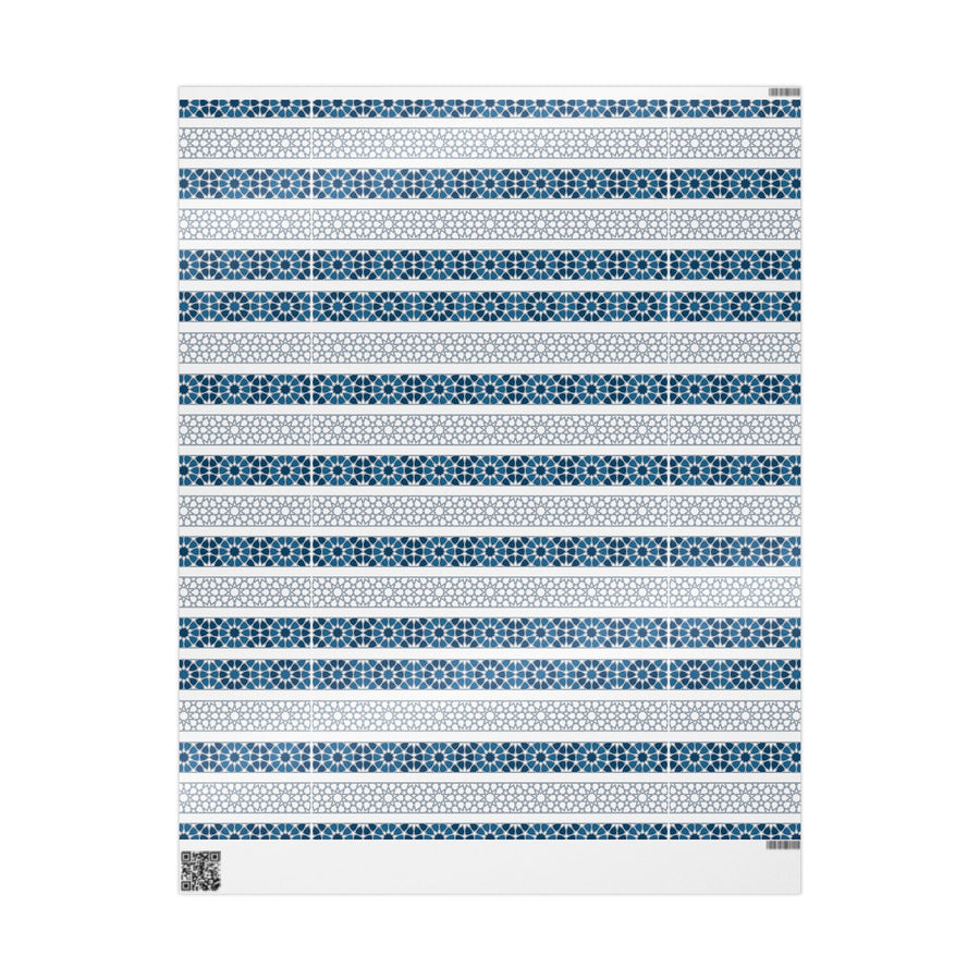 Islamic Geometric Border Wrapping Paper – Blue & White Arabesque Tile Pattern for Eid, Ramadan, & Special Occasions