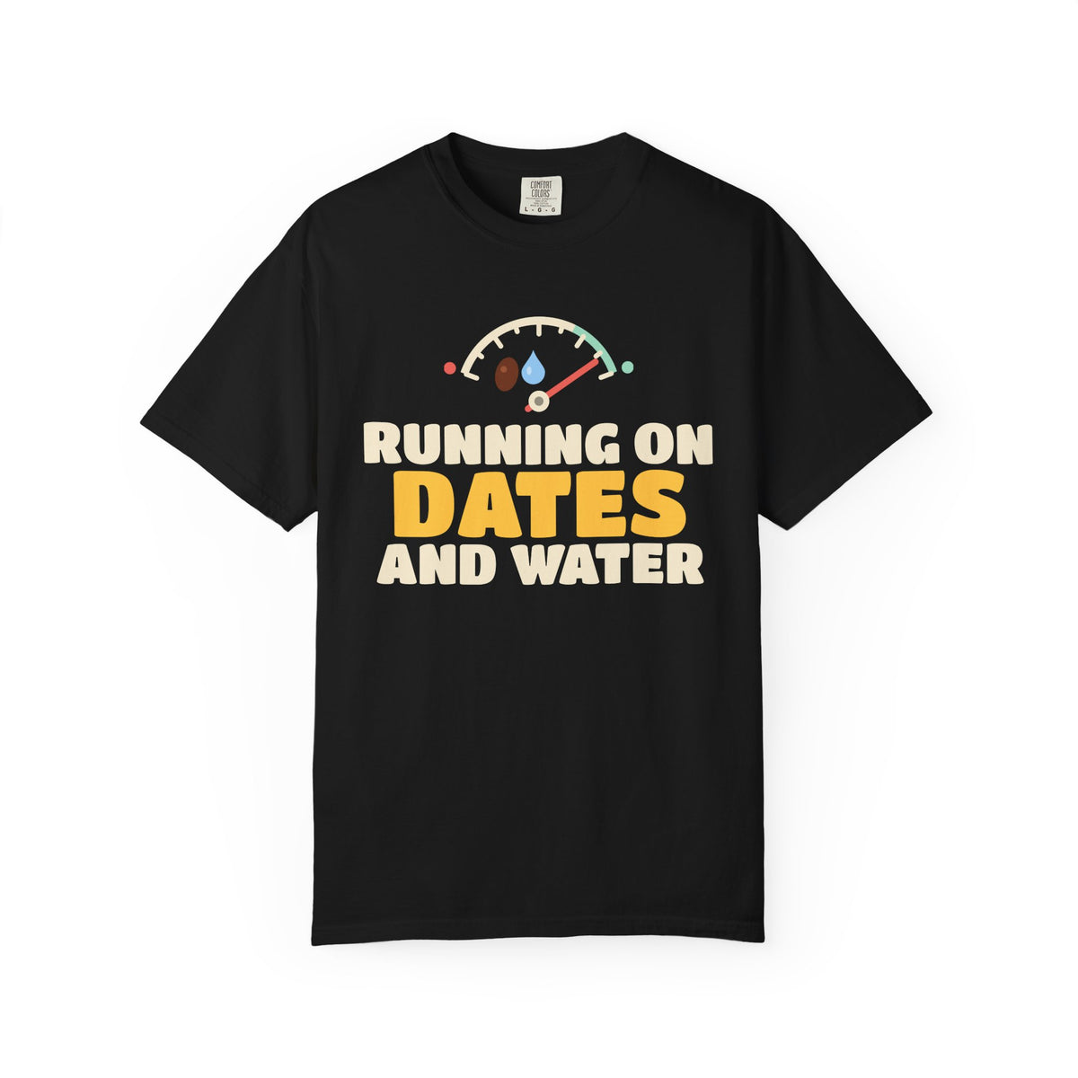 Running On Dates And Water Ramadan Heavyweight Tee | Ramadan Running On Dates And Water Funny Fasting Fuel Gauge | AdabStars Islamic Apparel