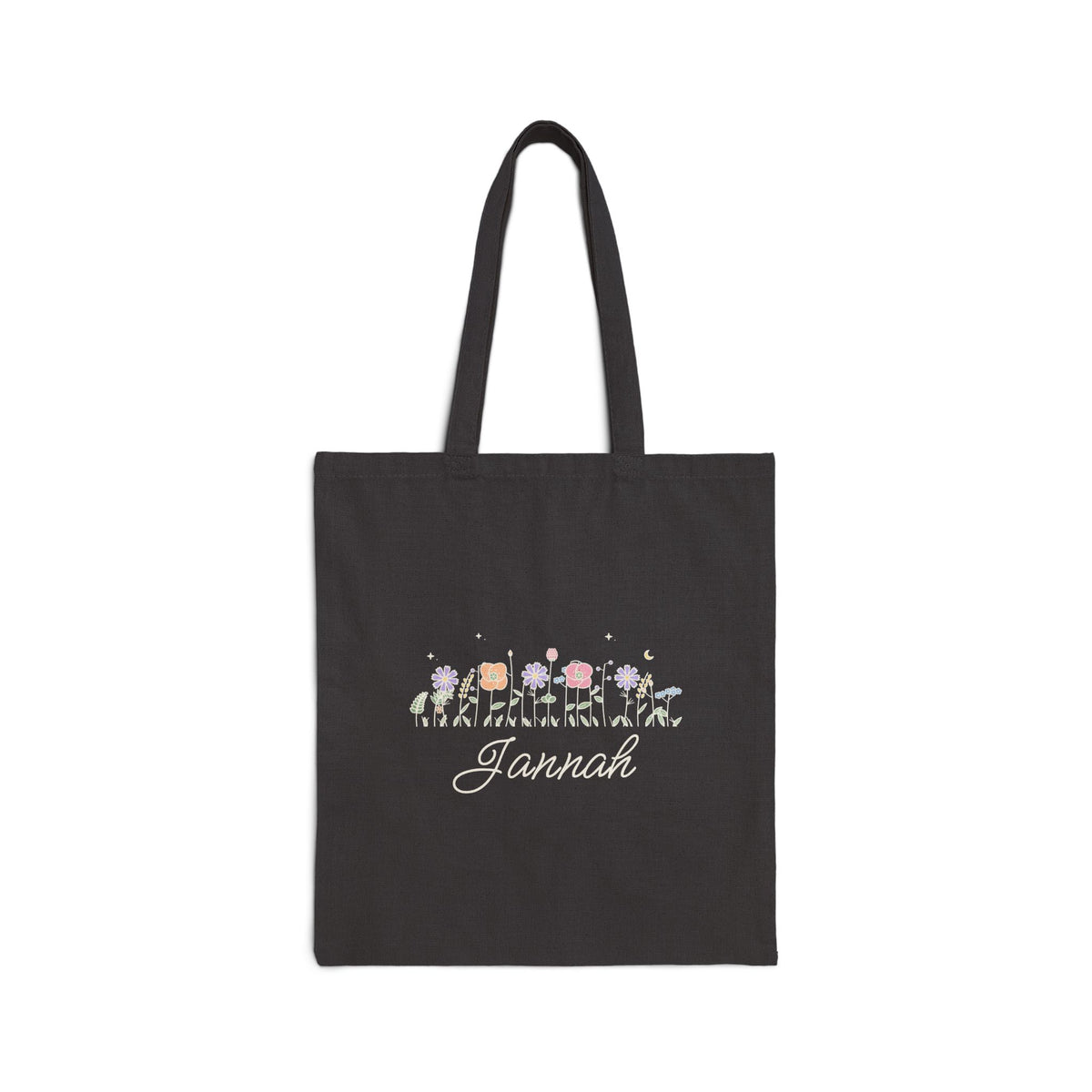 Jannah Meadow Flowers Islamic Canvas Tote Bag in Black, one-sided print – AdabStars