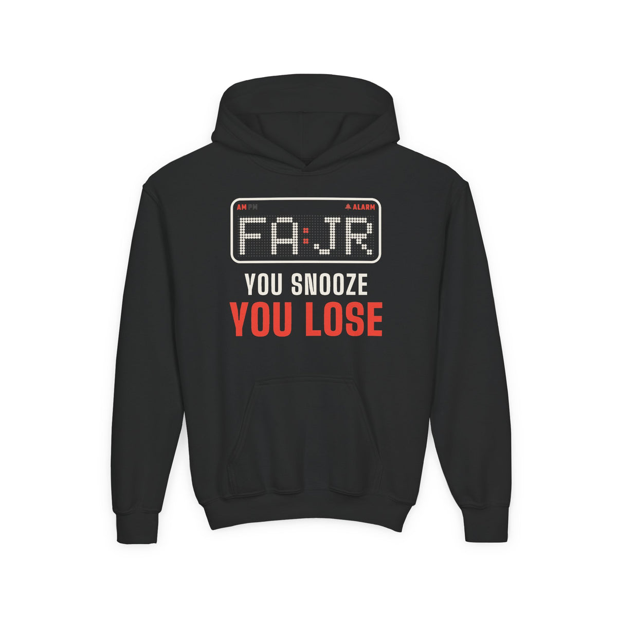 Fajr You Snooze You Lose Islamic Kids Hoodie in Black, front and back print – AdabStars