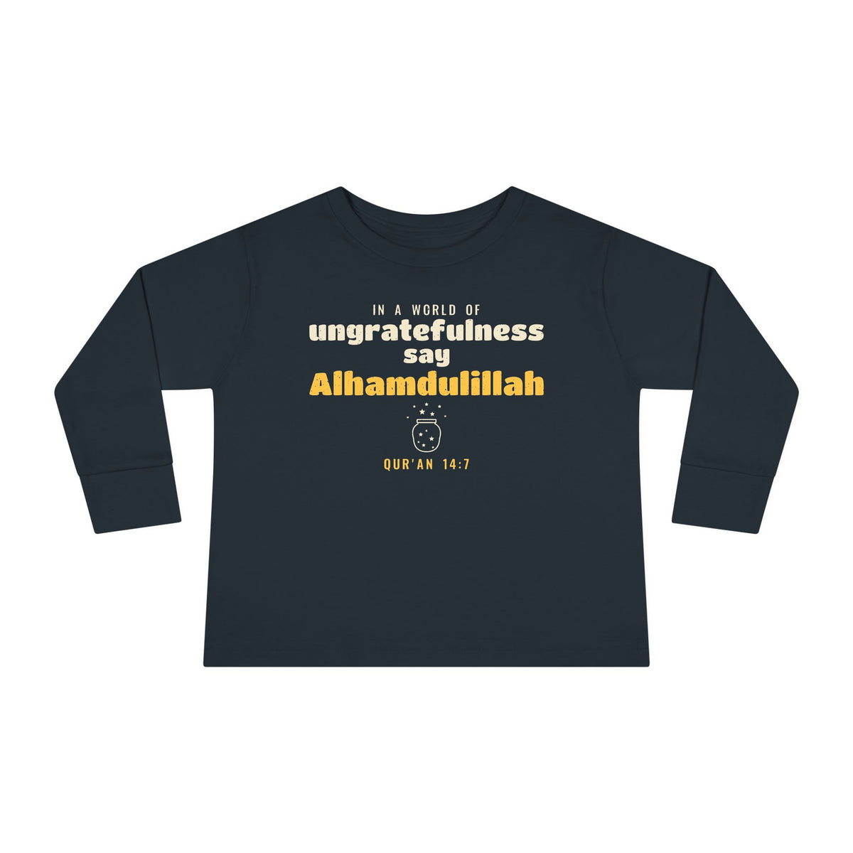 Say Alhamdulillah Toddler Toddler Long Sleeve Shirt in Black, front and back print – AdabStars