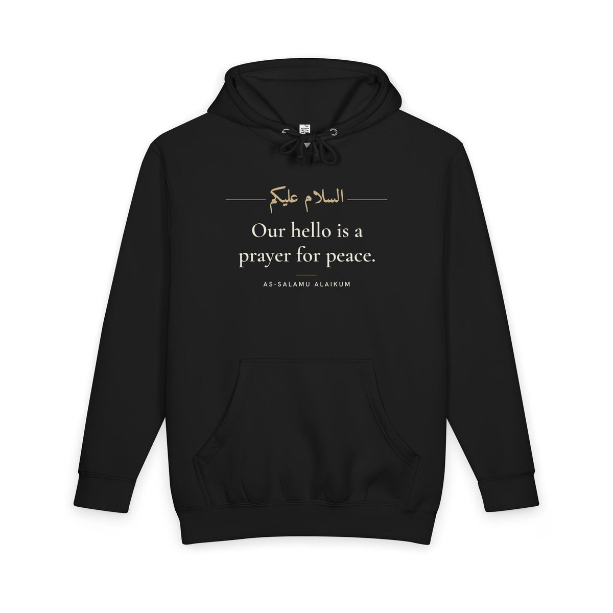 Our hello is a prayer for peace Islamic Heavyweight Premium Heavyweight Hoodie in Black, front and back print – AdabStars