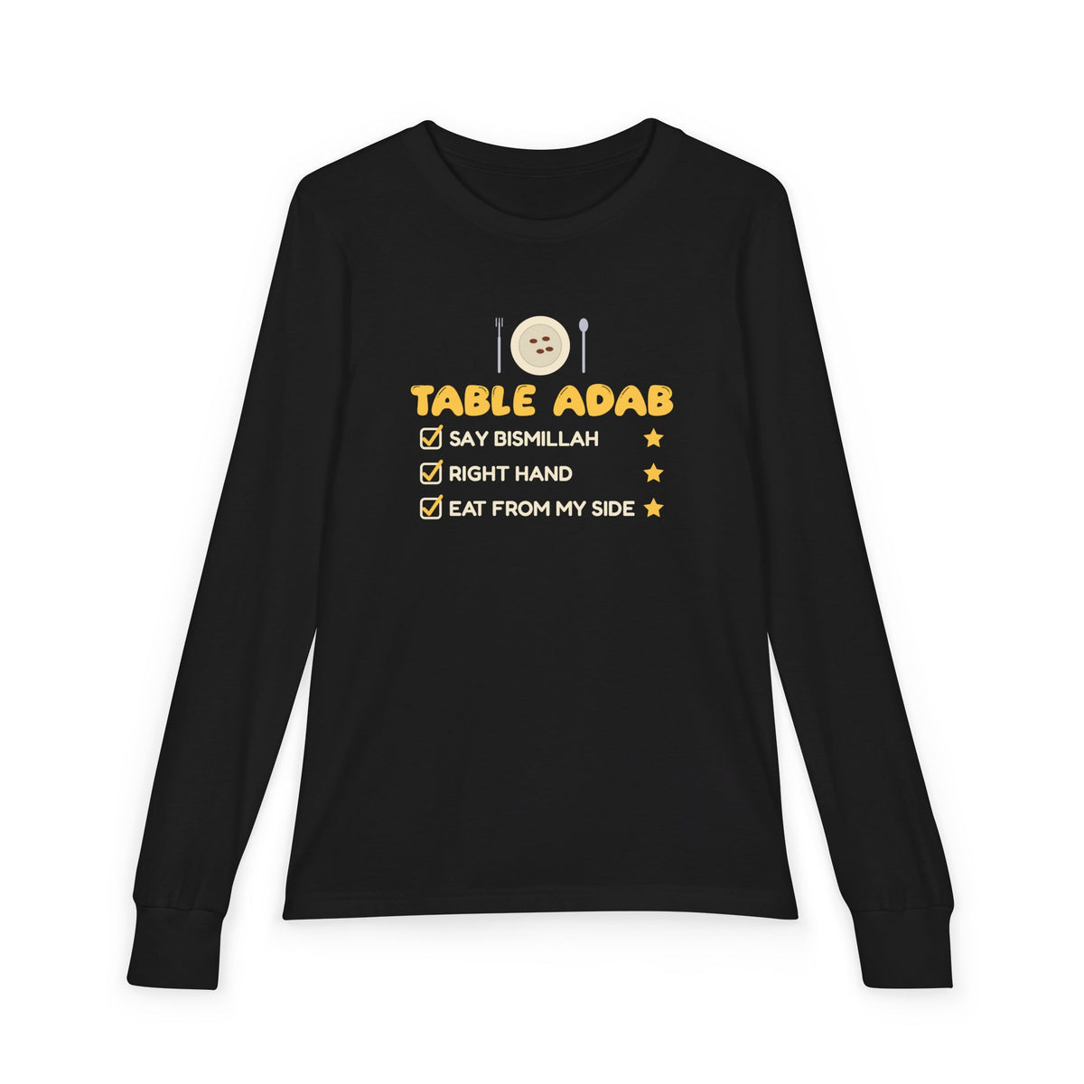 Table Adab Ramadan Kids Long Sleeve Shirt | Kids Islamic Eating Manners Bismillah Right Hand | AdabStars Islamic Kids Apparel