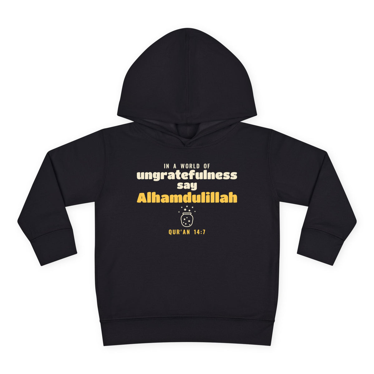 Say Alhamdulillah Toddler Hoodie in Black, front and back print – AdabStars