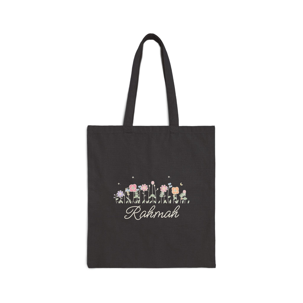 Rahmah Meadow Flowers Canvas Tote Bag in Black, double-sided print – AdabStars