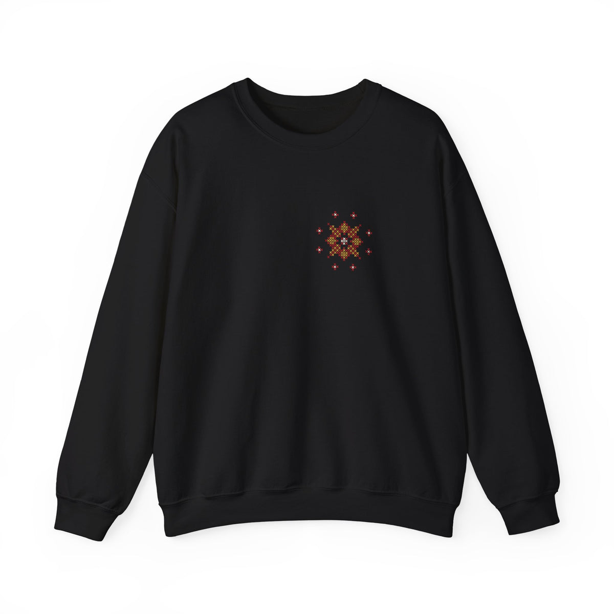 Tatreez Chest Star and Back Panel Islamic Crewneck Sweatshirt in Black, front and back print – AdabStars