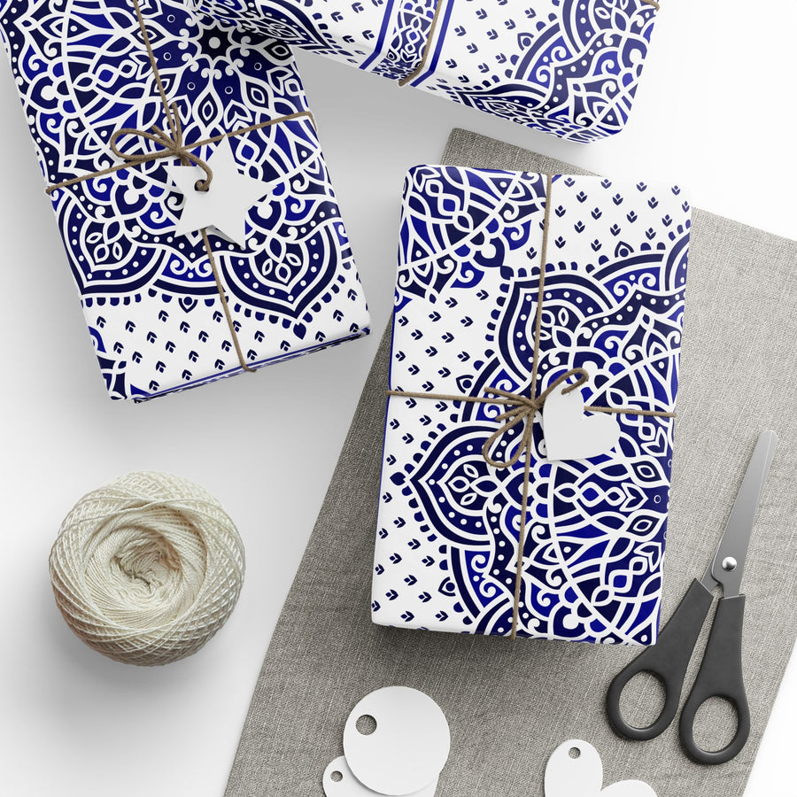 Islamic Mandala Gift Wrapping Paper – Elegant Blue & White Arabesque Design for Eid, Ramadan & Special Occasions
