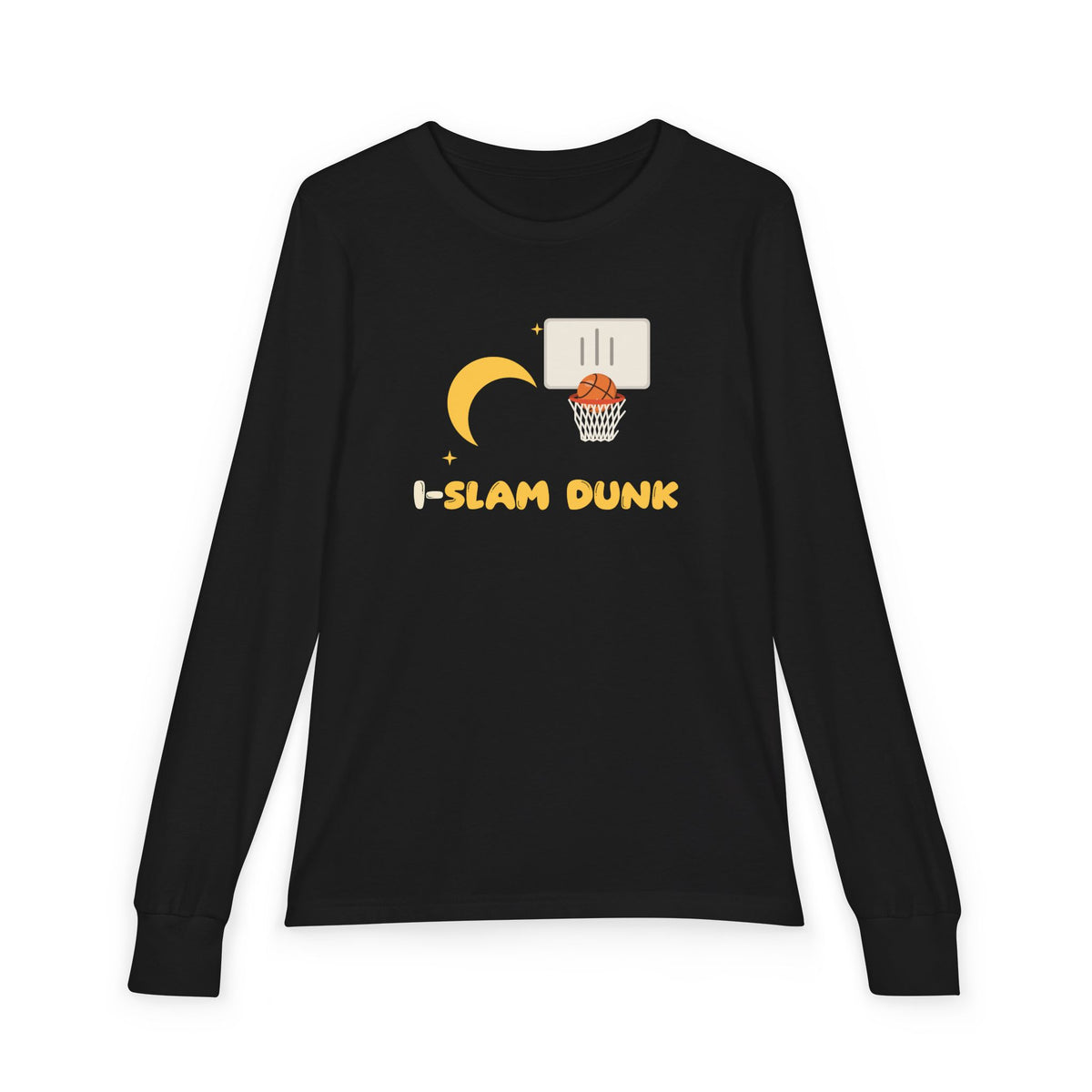 I Slam Dunk Muslim Kids Long Sleeve Shirt | Islamic Basketball Kids I-Slam Dunk Crescent Moon Wordplay | AdabStars Islamic Kids Apparel