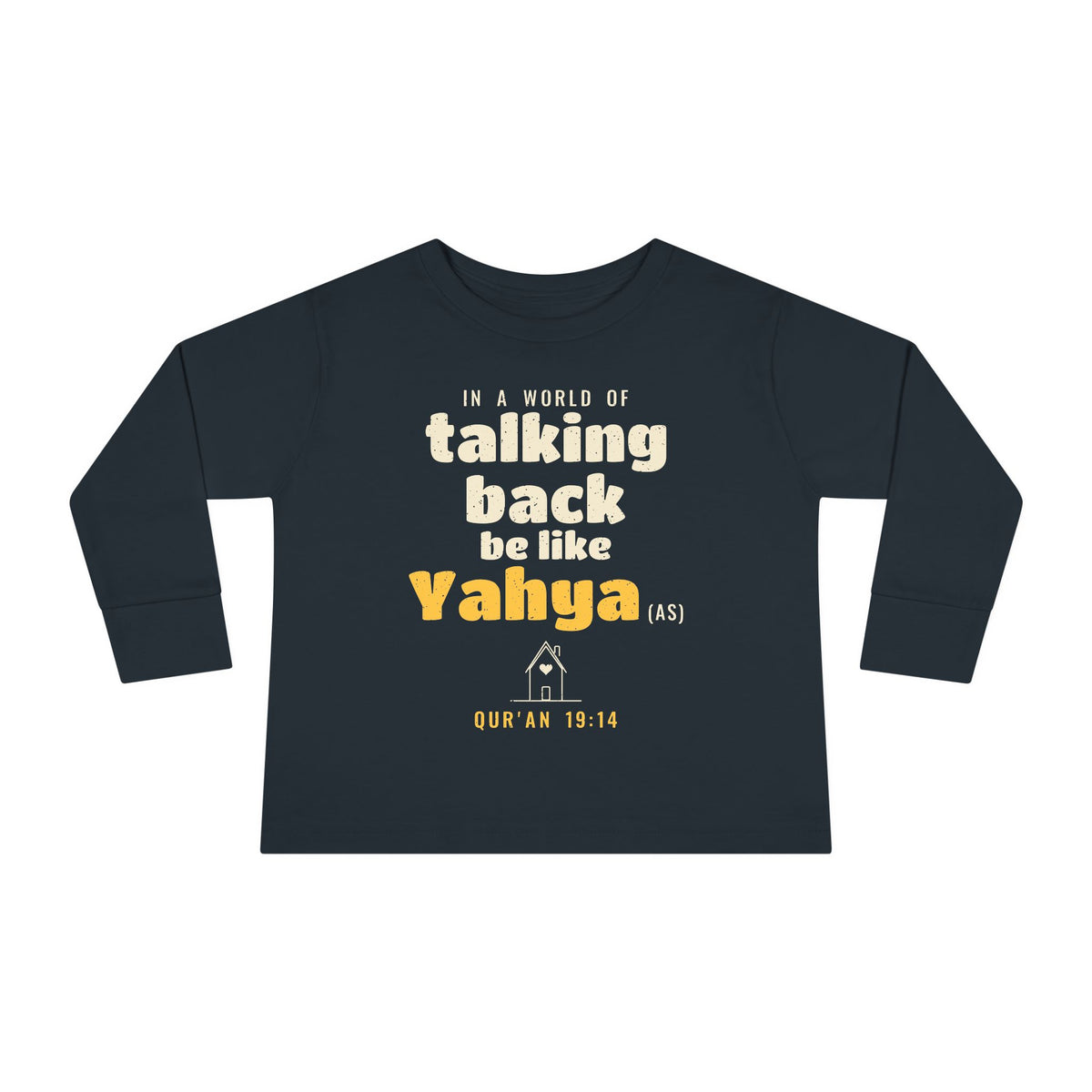 Be Like Yahya (AS) Toddler Toddler Long Sleeve Shirt in Black, front and back print – AdabStars