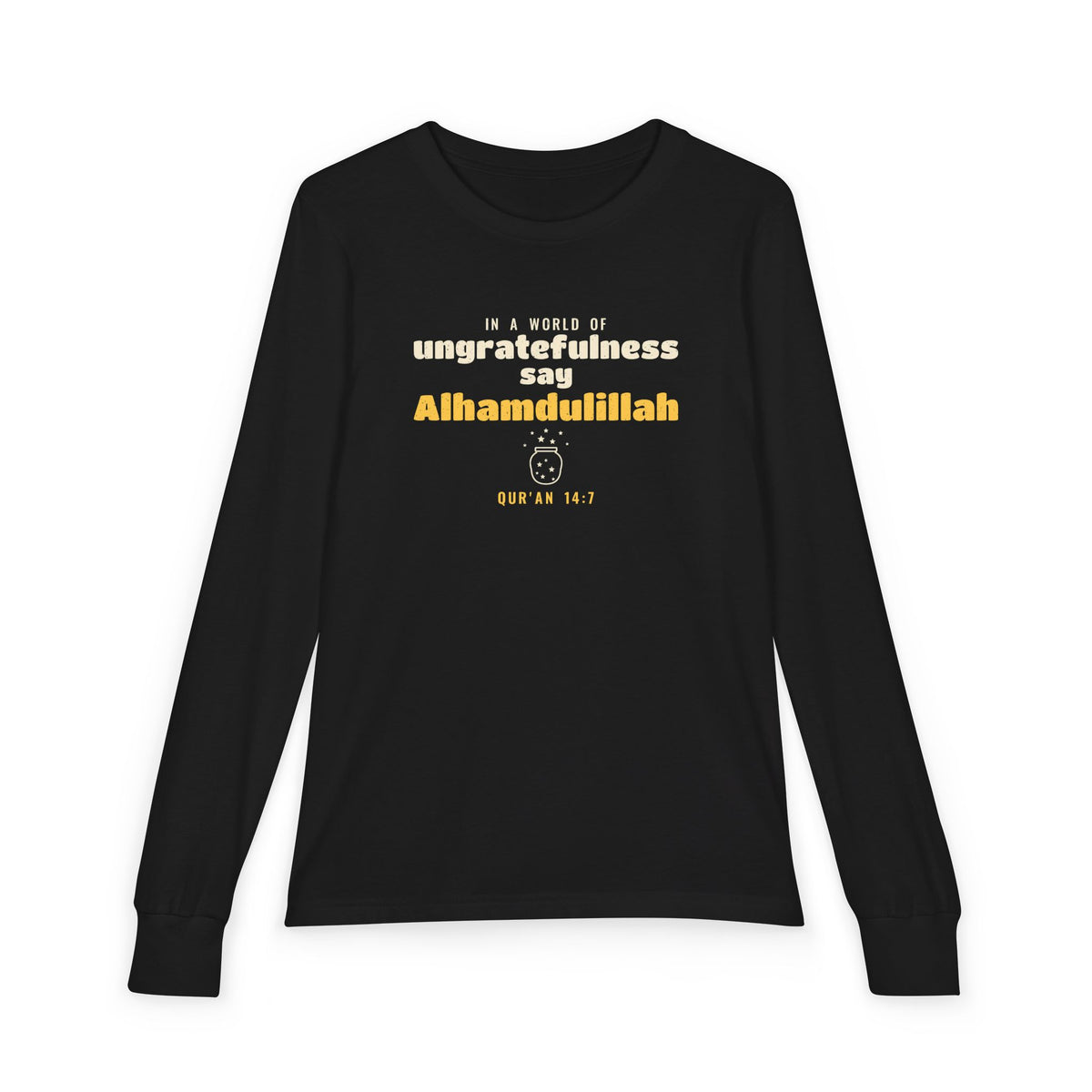 Say Alhamdulillah Kids Long Sleeve Shirt | Surah Ibrahim Qur'an 14:7 on the Back Islamic Reminder | AdabStars