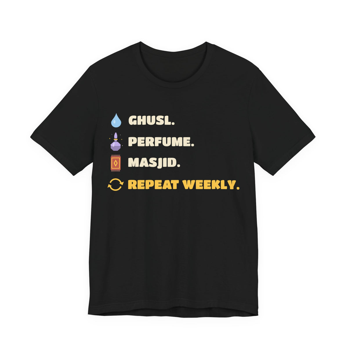 Ghusl Perfume Masjid Repeat Islamic Unisex T-Shirt in Black – AdabStars