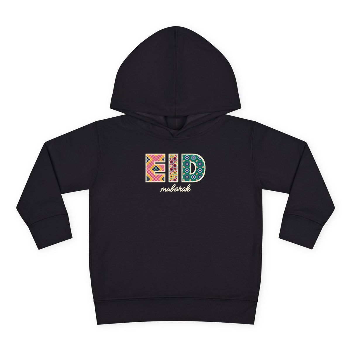 Eid Mubarak Patterned Letters Toddler Hoodie in Black – AdabStars