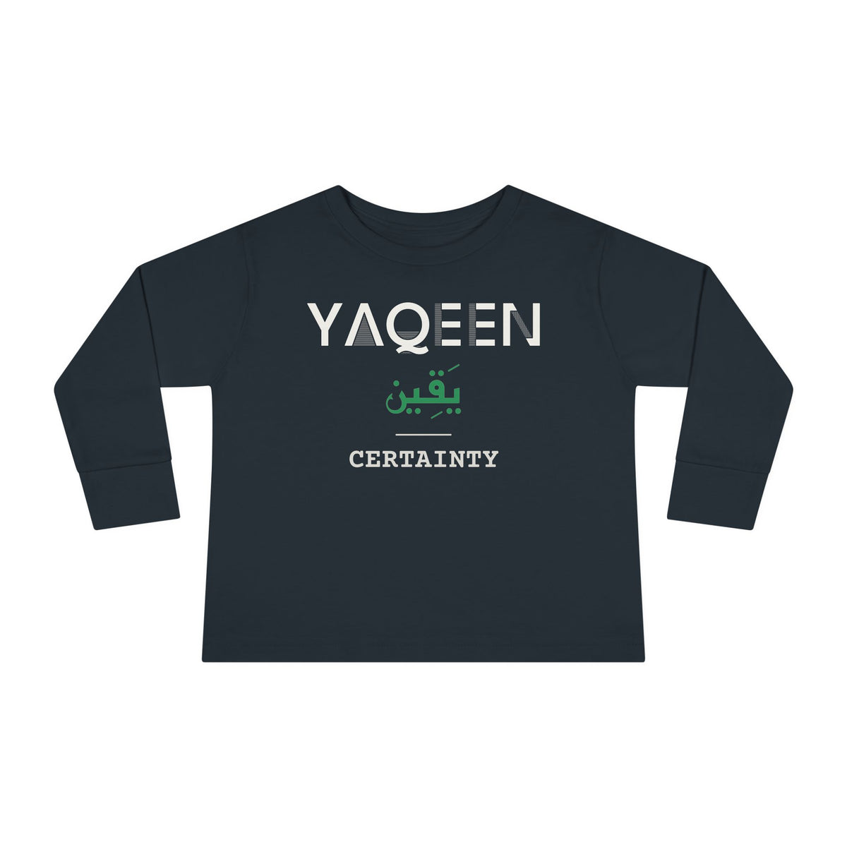 Yaqeen Dual Language with English Meaning Islamic Toddler Toddler Long Sleeve Shirt in Black – AdabStars