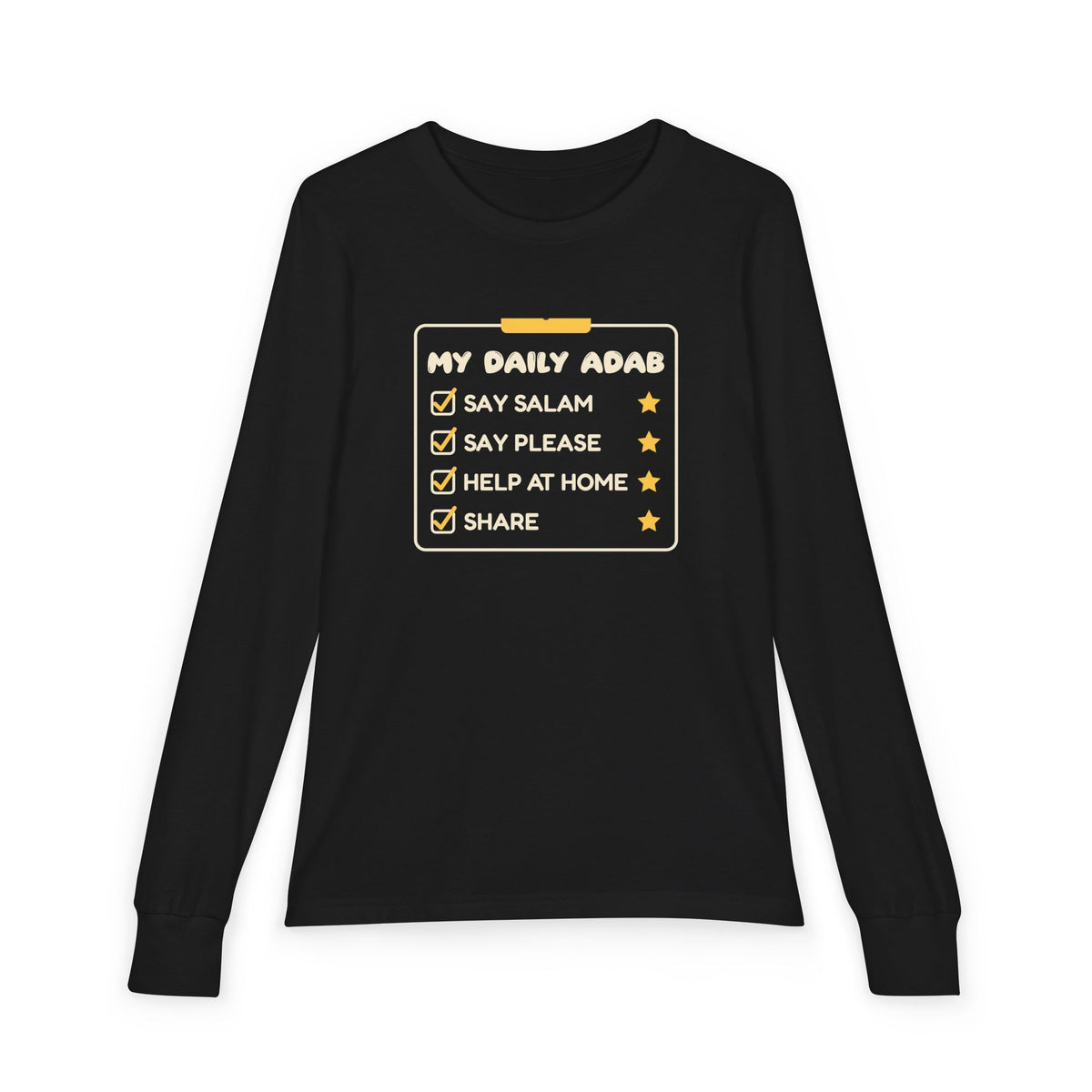 My Daily Adab Ramadan Kids Long Sleeve Shirt | Checklist Kids Islamic Manners Salam Share | AdabStars Islamic Kids Apparel