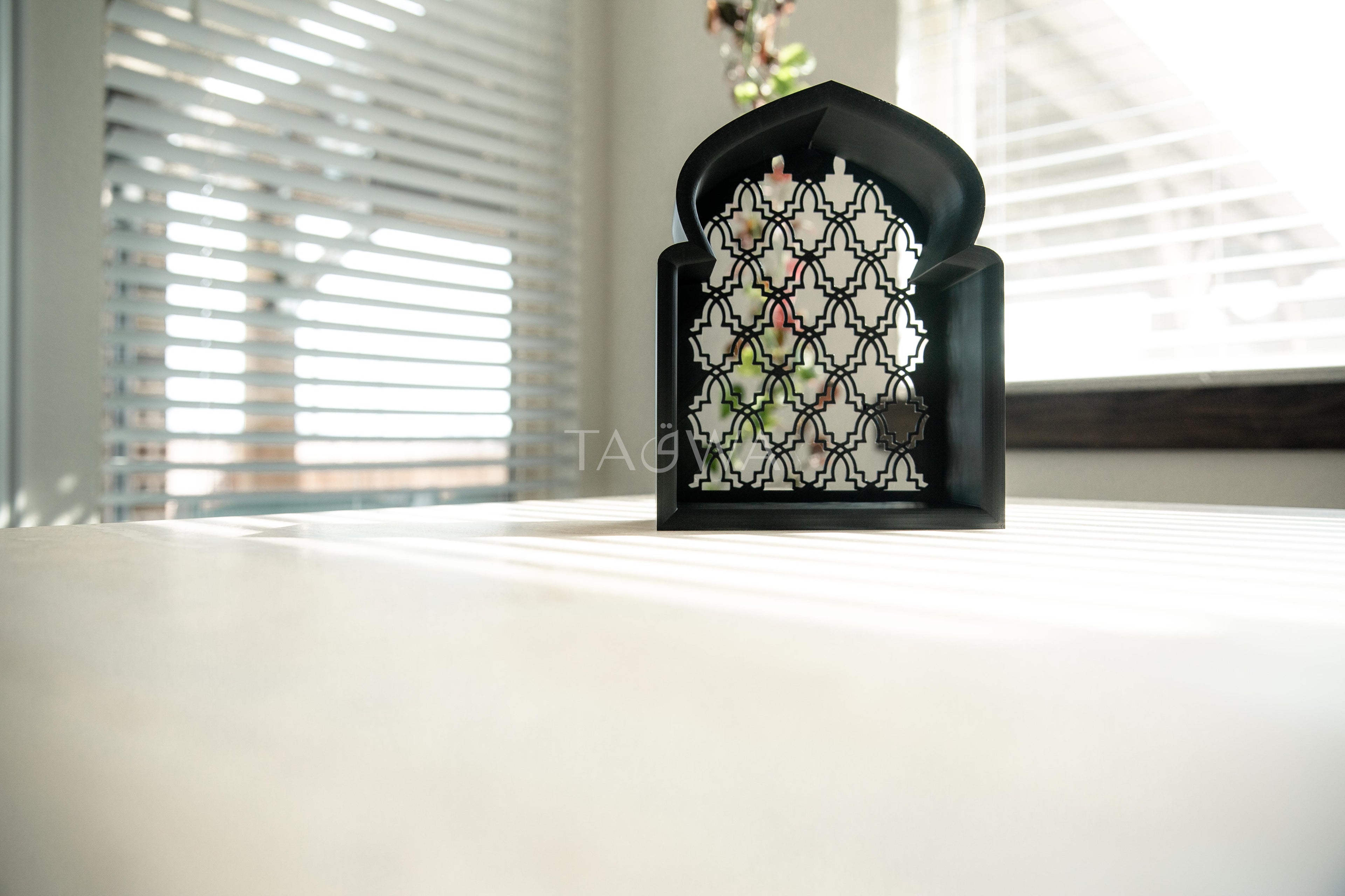 Sakoon Al-Qaws ("Tranquility Arch") Floating Mihrab Shelf with Lattice Back