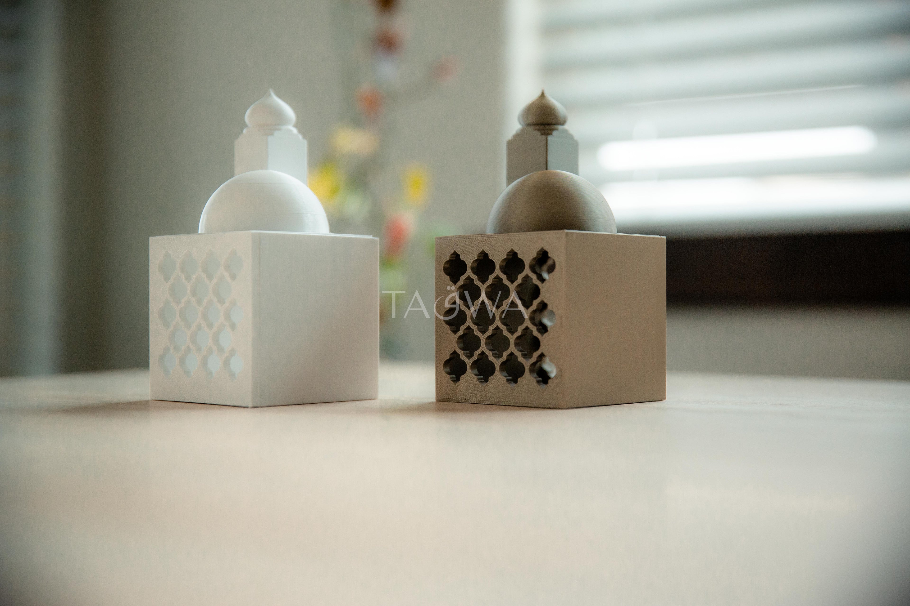 Trellis Oasis Lantern | Modern Mini Masjid Lantern with Dome and Minaret Lid | Ramadan Decor | Simplistic Islamic Home Decor | White & Gold