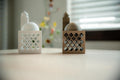 Ramadan Decor - Trellis Oasis Lantern | Modern Mini Masjid Lantern with Dome and Minaret Lid | Simplistic Islamic Home Decor | White & Gold