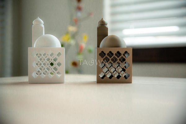 Ramadan Decor - Trellis Oasis Lantern | Modern Mini Masjid Lantern with Dome and Minaret Lid | Simplistic Islamic Home Decor | White & Gold
