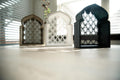 Sakoon Al-Qaws ("Tranquility Arch") Floating Mihrab Shelf with Lattice Back lifestyle shot – Taqwa Arts
