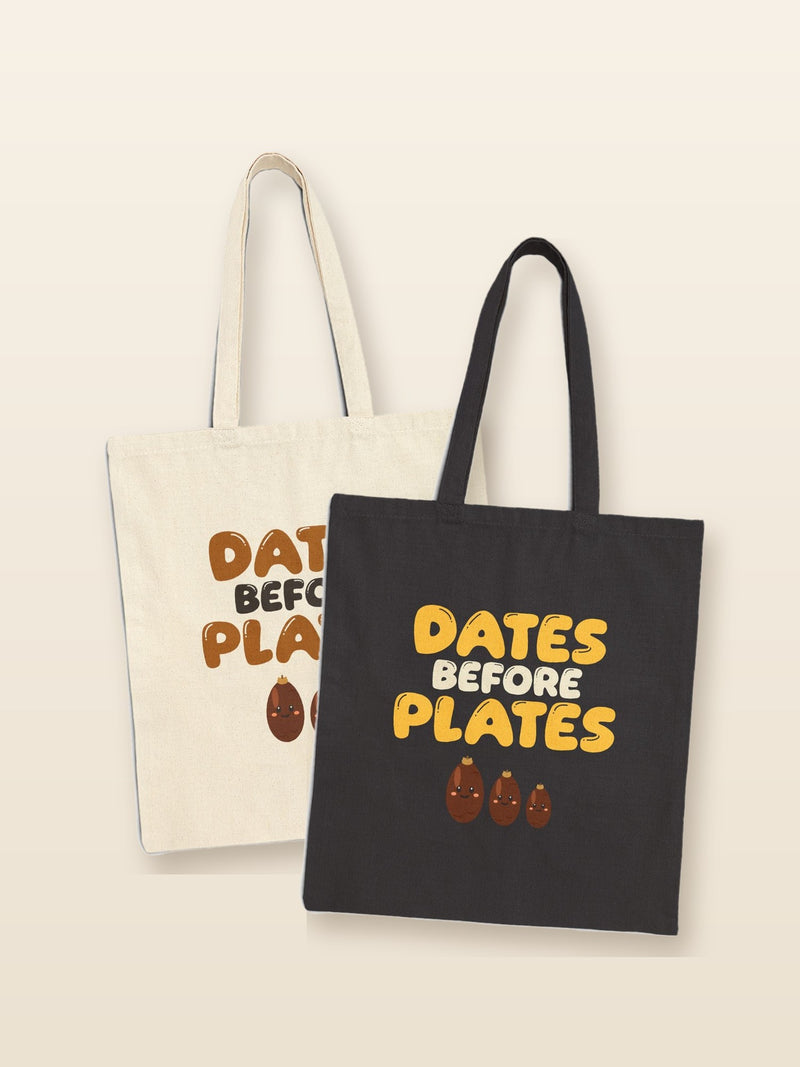 AdabStars canvas tote bags, natural and black, Dates Before Plates design