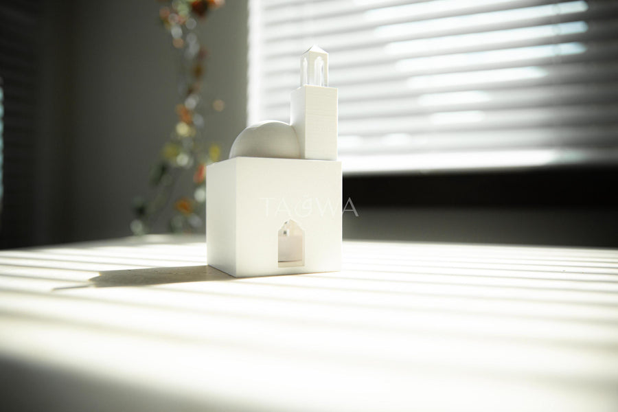 Ramadan Decor - Triangle Minaret Mosaic Lantern | Modern Mini Masjid Lantern with Dome and Minaret Lid | Simplistic Islamic Home Decor